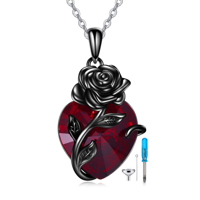 Collar de urna de plata de ley con corazón de rodio negro y rosa de cristal para cenizas-0