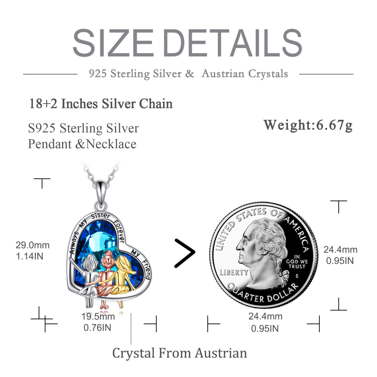 Sterling Silver Tri-tone Heart Shaped Sisters & Heart Crystal Pendant Necklace with Engraved Word-5