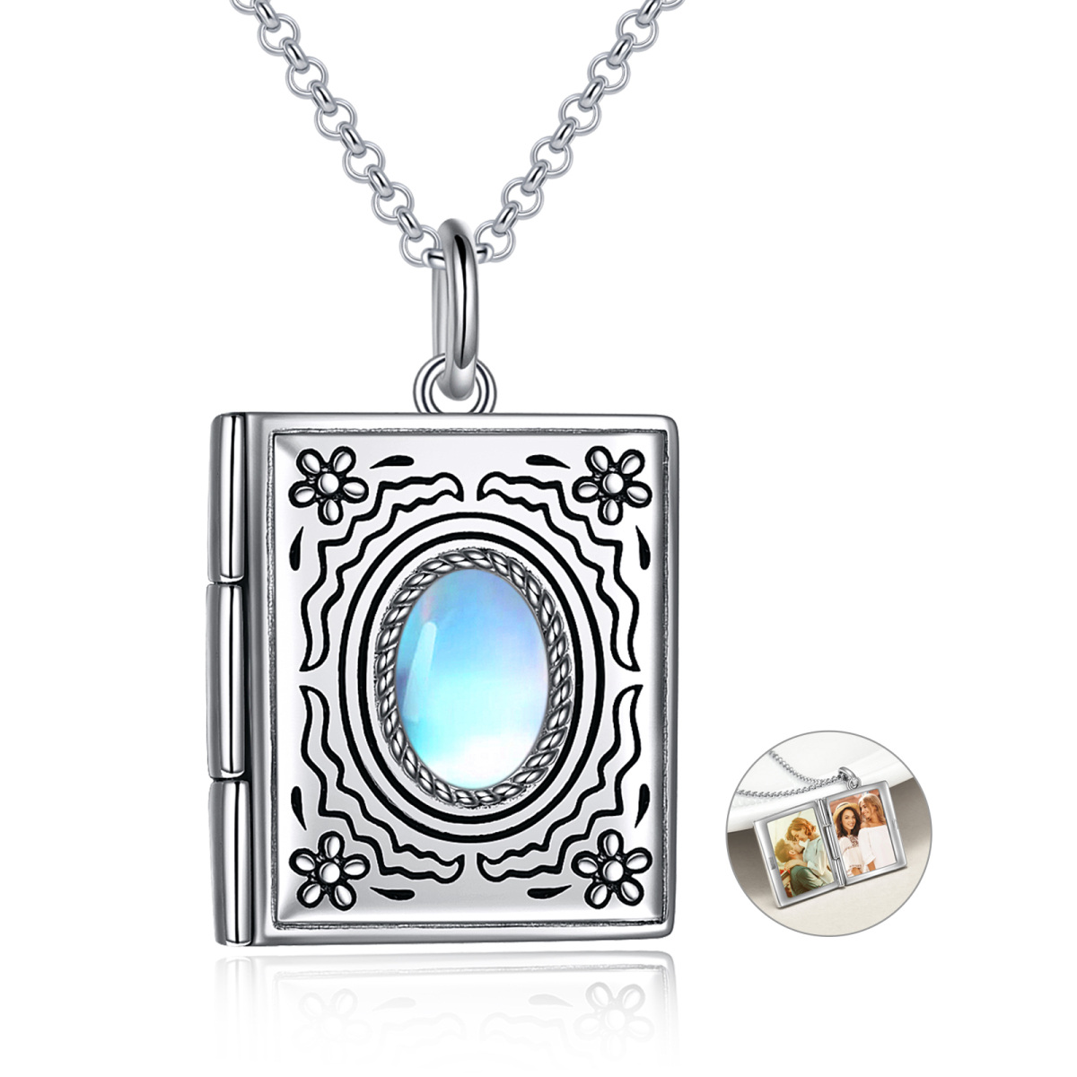 Sterling Silver Oval Moonstone Sunflower Personalized Photo Locket Necklace-1