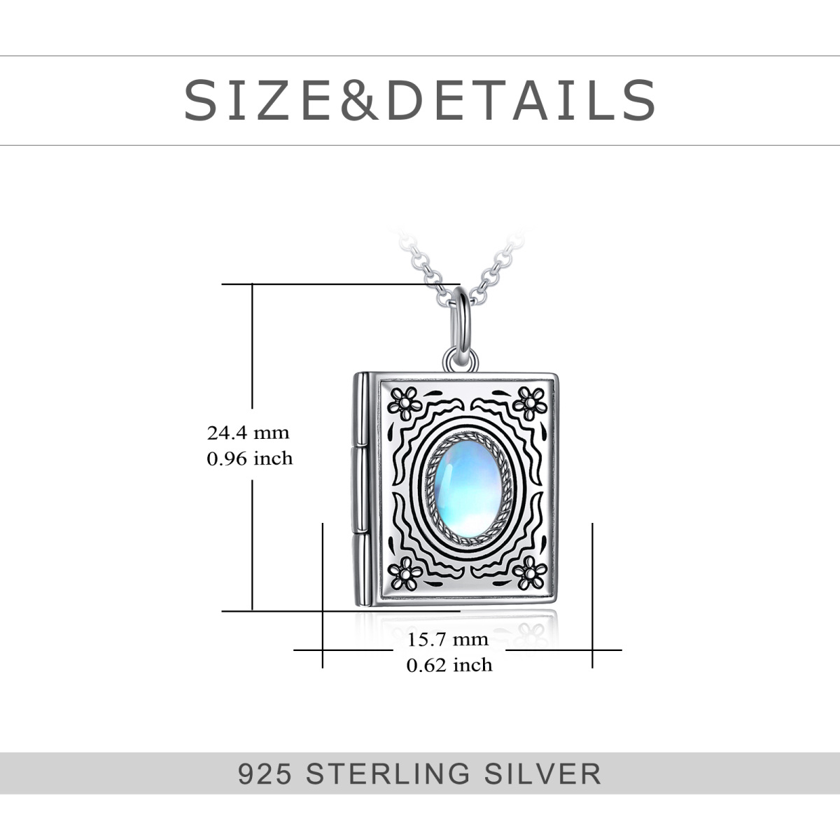 Collar con medallón con foto personalizado de girasol y piedra lunar ovalada de plata de ley-5