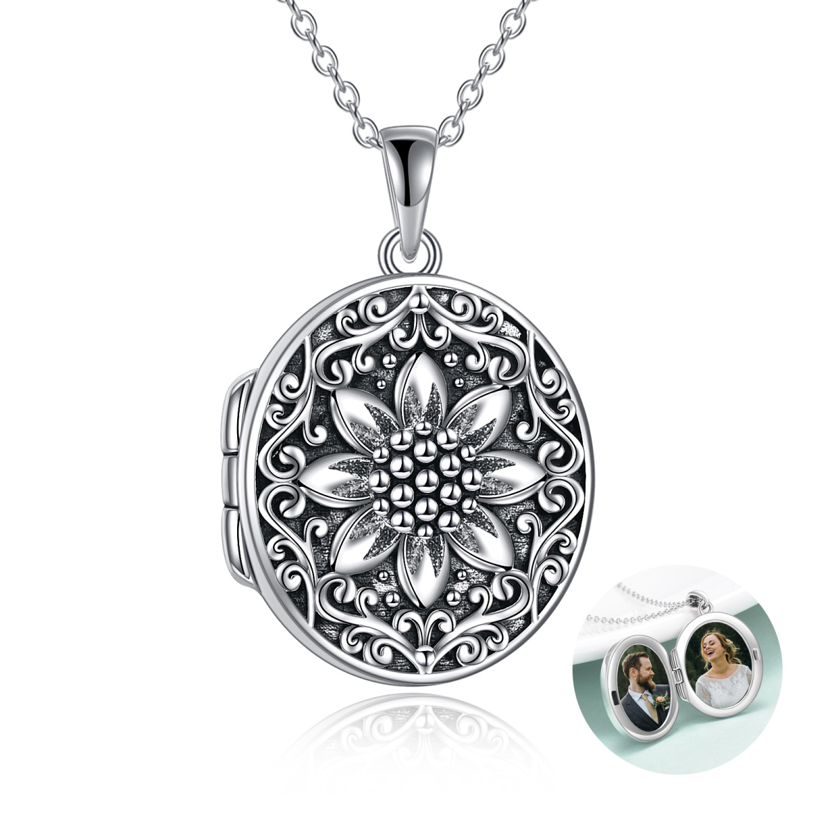 Sterling Silver Sunflower & Personalized Photo Personalized Photo Locket Necklace-1