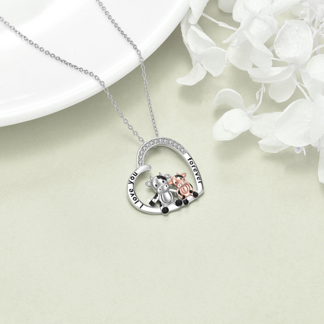 Sterling Silver Two-tone Cubic Zirconia Cow & Heart Pendant Necklace with Engraved Word-2