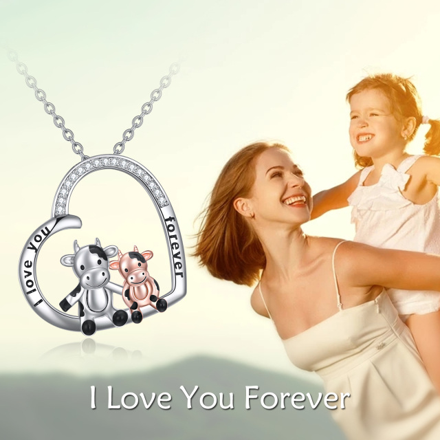 Sterling Silver Two-tone Cubic Zirconia Cow & Heart Pendant Necklace with Engraved Word-4