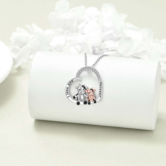 Sterling Silver Two-tone Cubic Zirconia Cow & Heart Pendant Necklace with Engraved Word-3