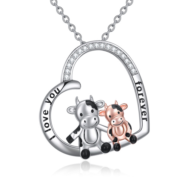 Sterling Silver Two-tone Cubic Zirconia Cow & Heart Pendant Necklace with Engraved Word-0