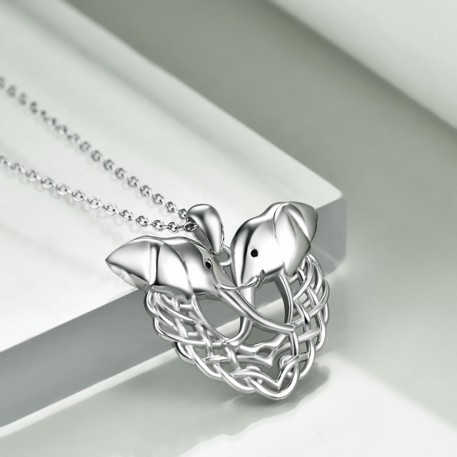 Sterling Silver Round Elephant & Heart Pendant Necklace-3