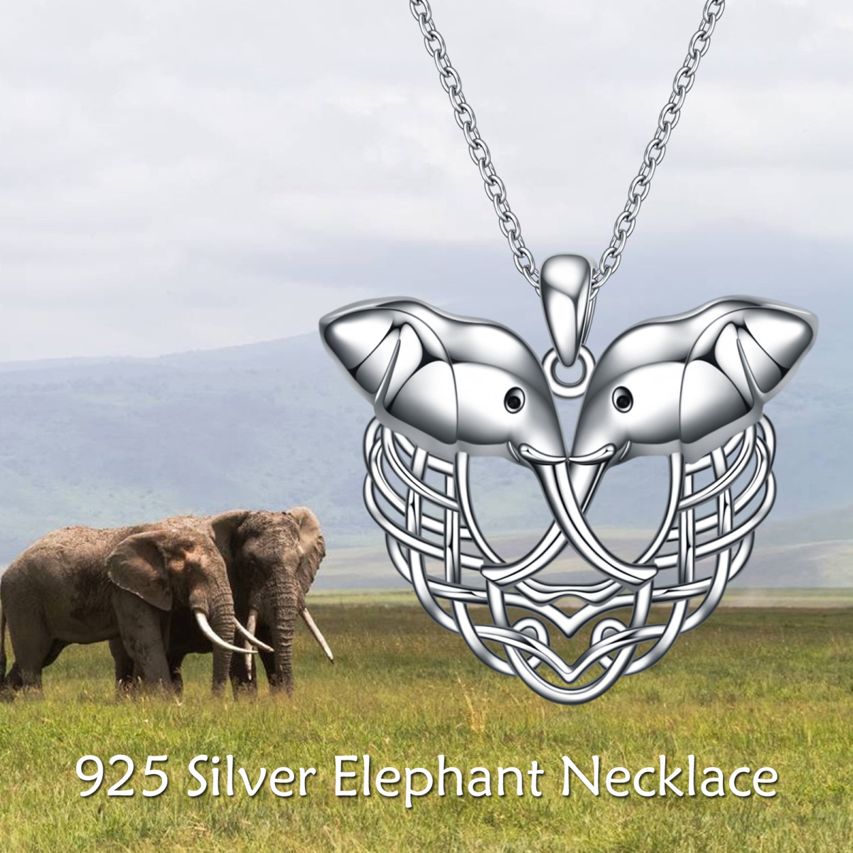 Sterling Silver Round Elephant & Heart Pendant Necklace-6