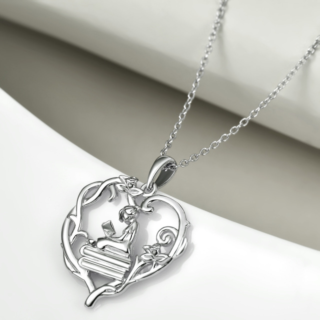 Sterling Silver Heart Rose & Heart Pendant Necklace-3