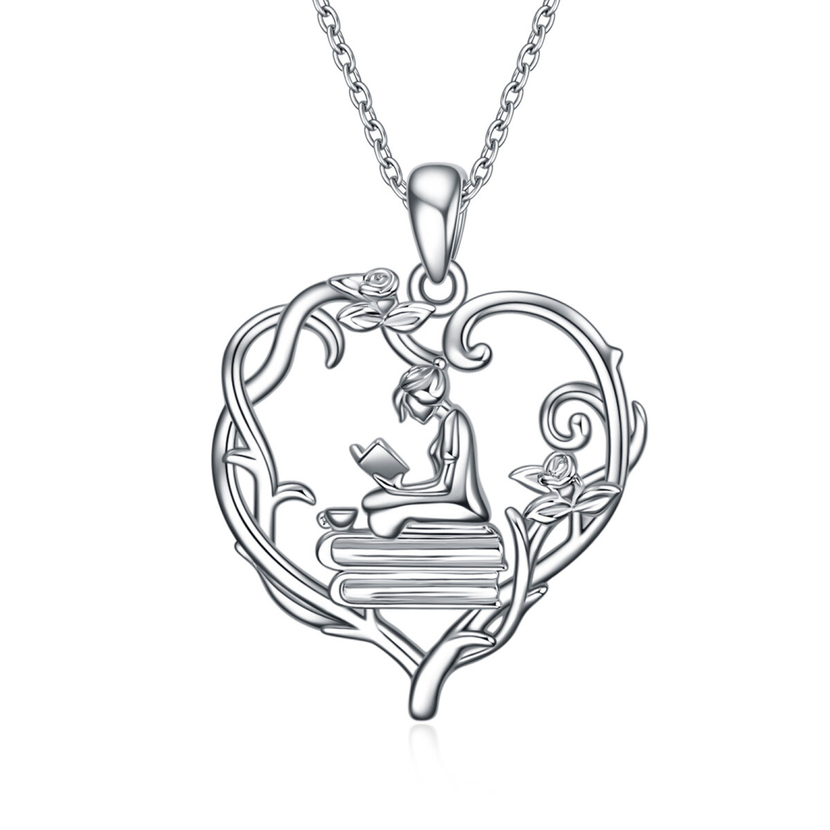 Sterling Silver Heart Rose & Heart Pendant Necklace-1