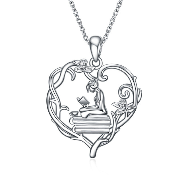 Sterling Silver Heart Rose & Heart Pendant Necklace-0