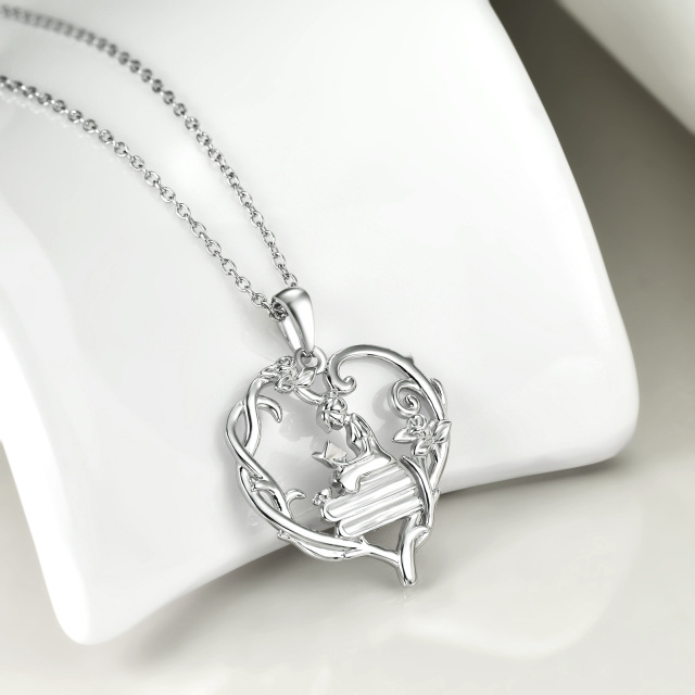 Sterling Silver Heart Rose & Heart Pendant Necklace-2