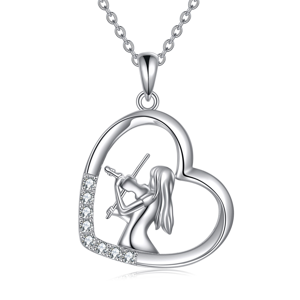 Sterling Silver Circular Shaped Cubic Zirconia Heart & Violin Pendant Necklace-1