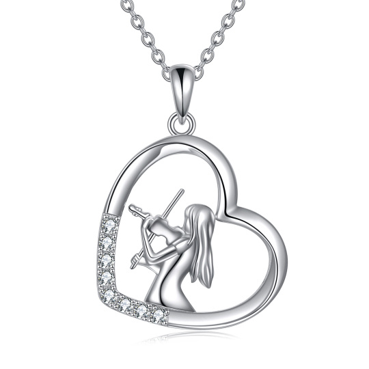 Sterling Silver Circular Shaped Cubic Zirconia Heart & Violin Pendant Necklace