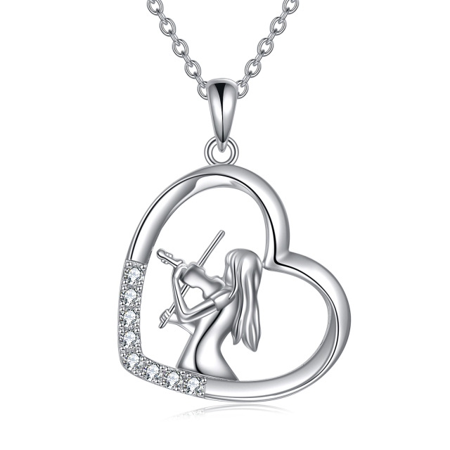 Sterling Silver Circular Shaped Cubic Zirconia Heart & Violin Pendant Necklace-0