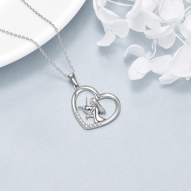 Sterling Silver Circular Shaped Cubic Zirconia Heart & Violin Pendant Necklace-3