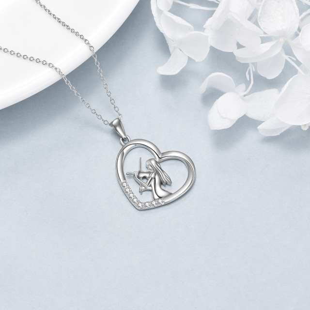 Sterling Silver Circular Shaped Cubic Zirconia Heart & Violin Pendant Necklace-4