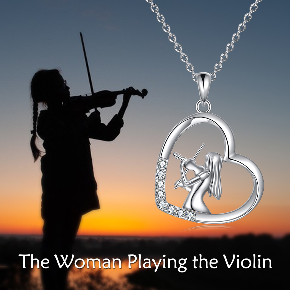Sterling Silver Circular Shaped Cubic Zirconia Heart & Violin Pendant Necklace-6