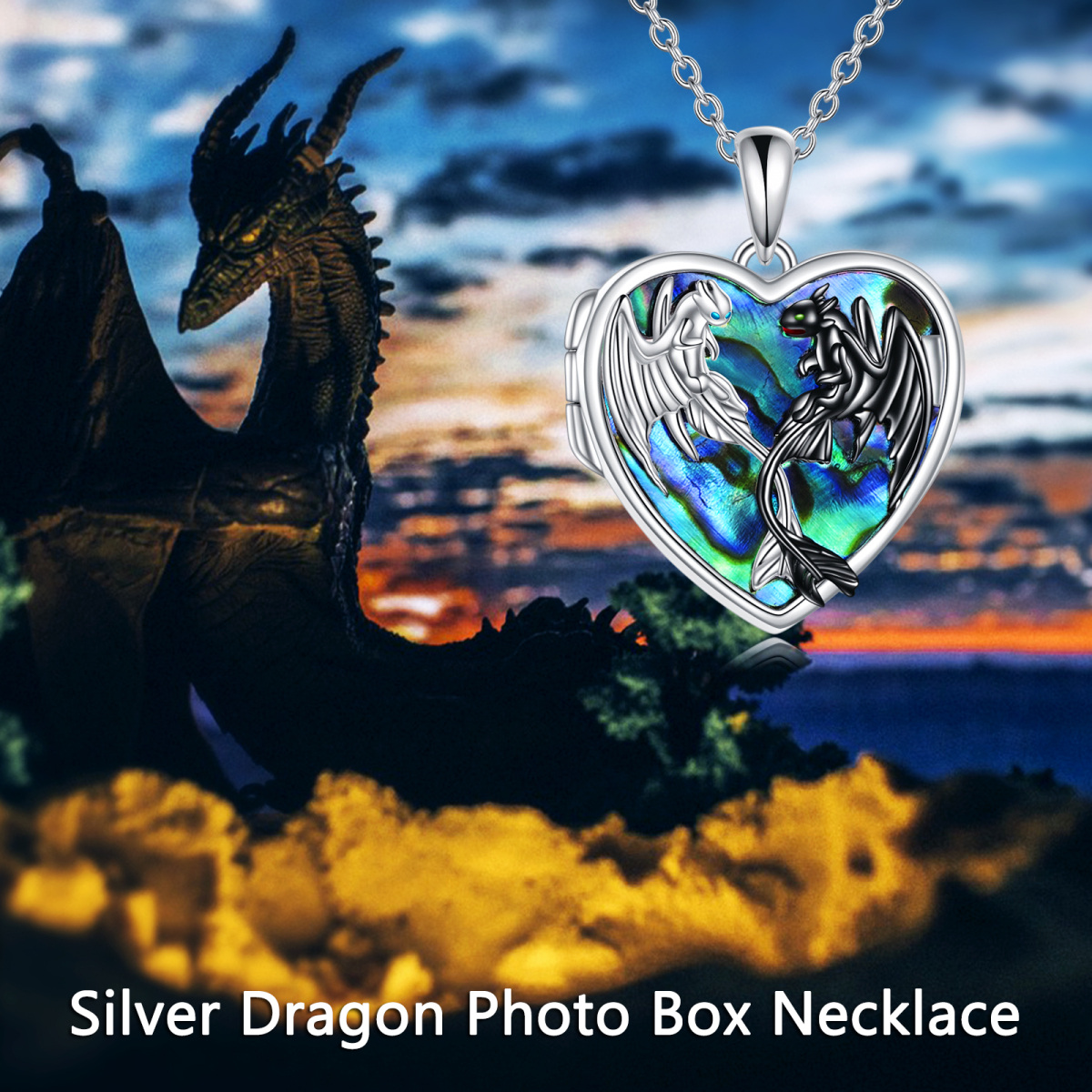 Sterling Silber zweifarbig Abalone Muschel Drache personalisierte Foto Medaillon Halskette-6