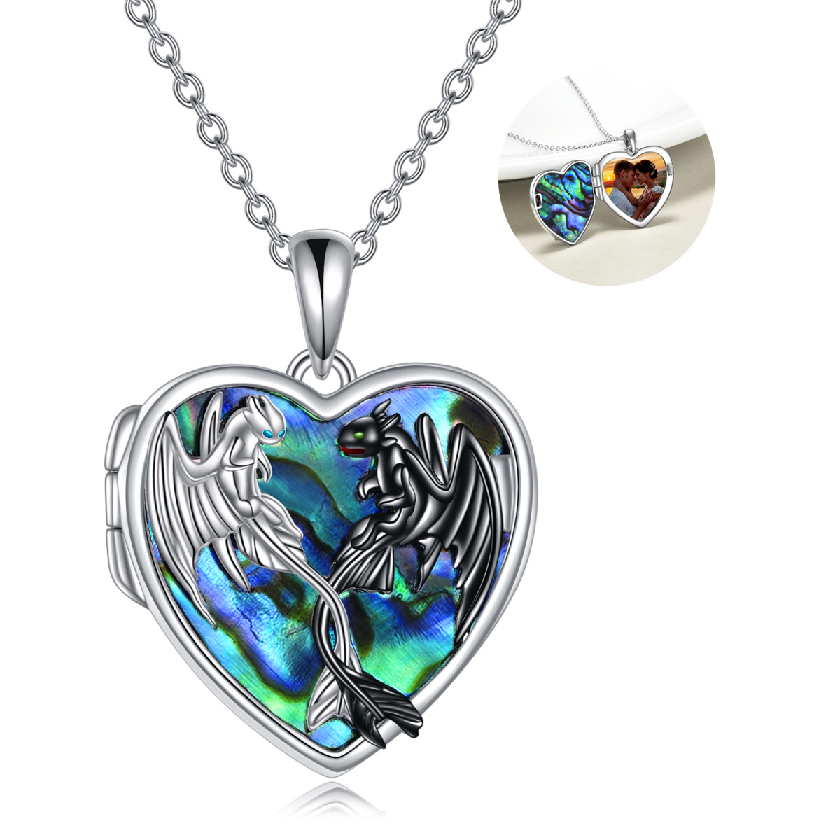 Sterling Silber zweifarbig Abalone Muschel Drache personalisierte Foto Medaillon Halskette-1