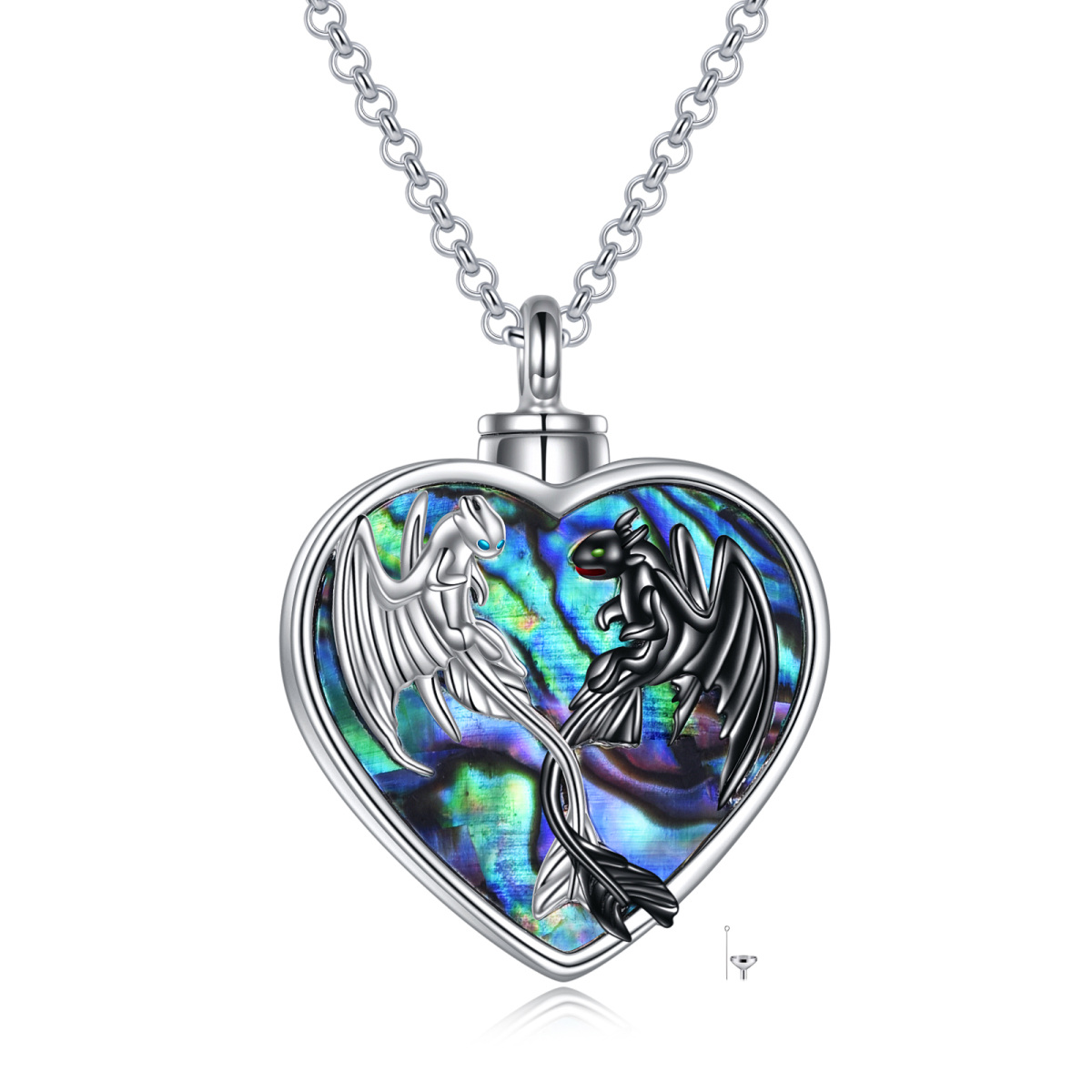 Sterling Silber Zweifarbig Herz Abalone Muschel Drachen Urne Halskette mit eingraviertem W-1
