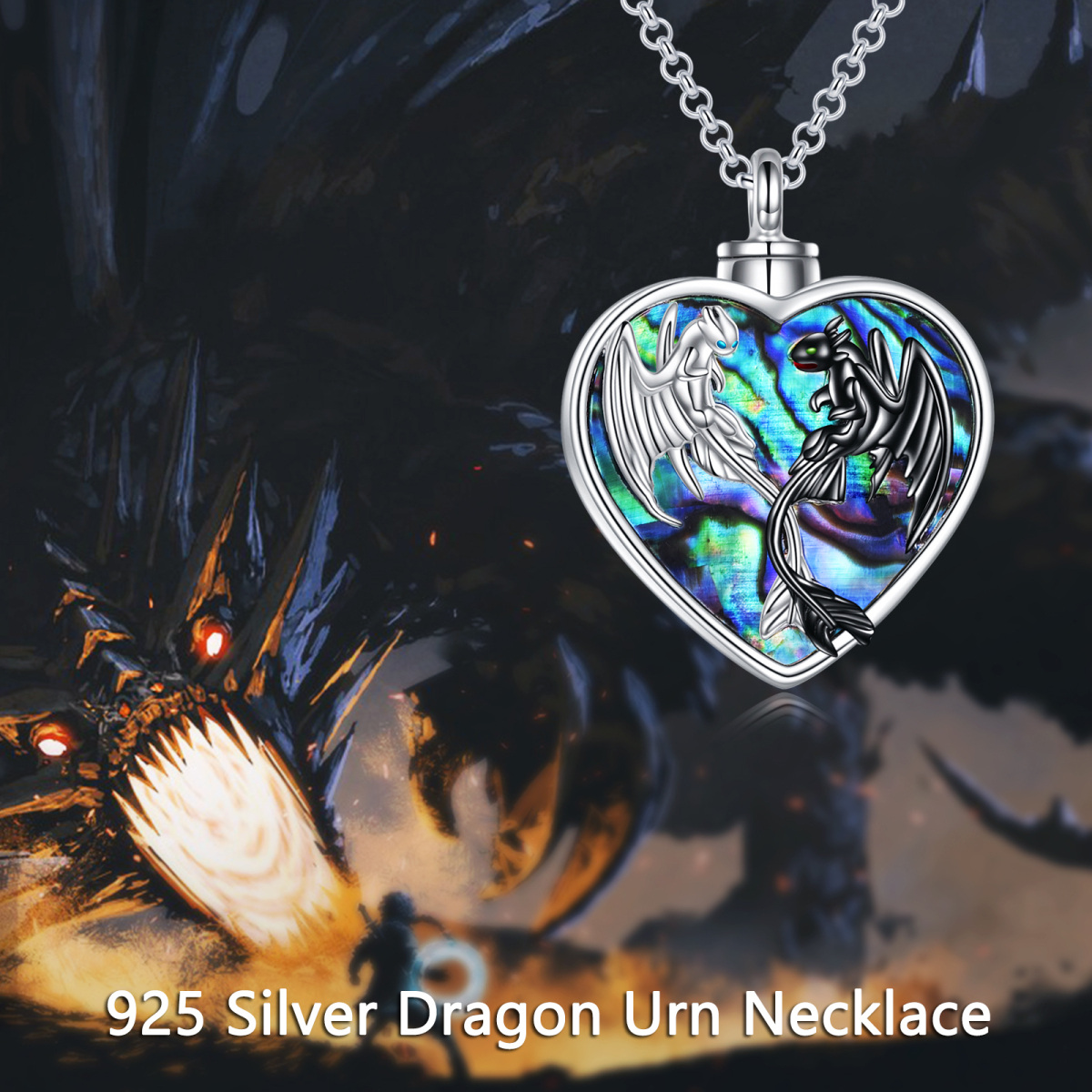 Sterling Silber Zweifarbig Herz Abalone Muschel Drachen Urne Halskette mit eingraviertem W-6