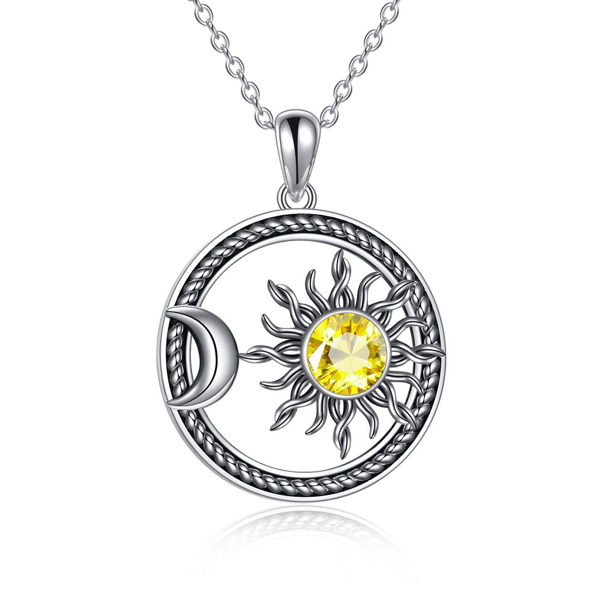 Collar con colgante de sol y luna de cristal en forma circular de plata de ley-1