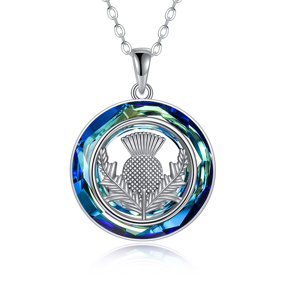 Sterling Silver Round Thistle Crystal Pendant Necklace-1