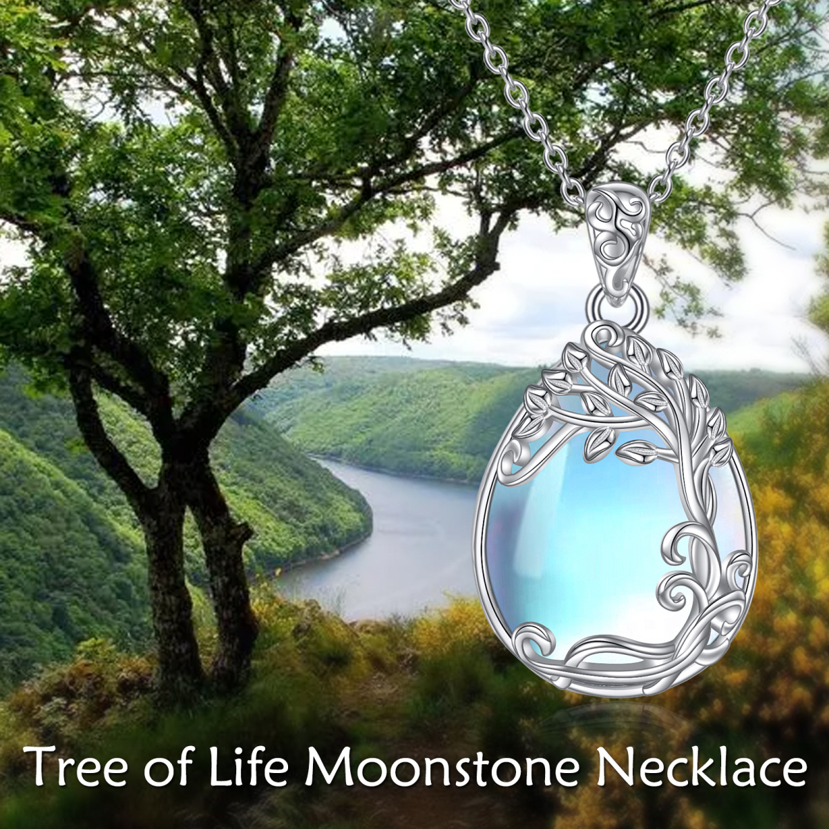 Sterling Silver Moonstone Tree Of Life Pendant Necklace-6