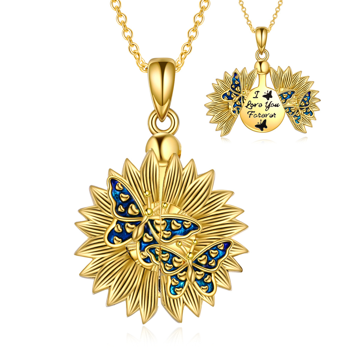 Sterling Silver with Yellow Gold Plated Butterfly & Sunflower Pendant Necklace with Engraved Word-1