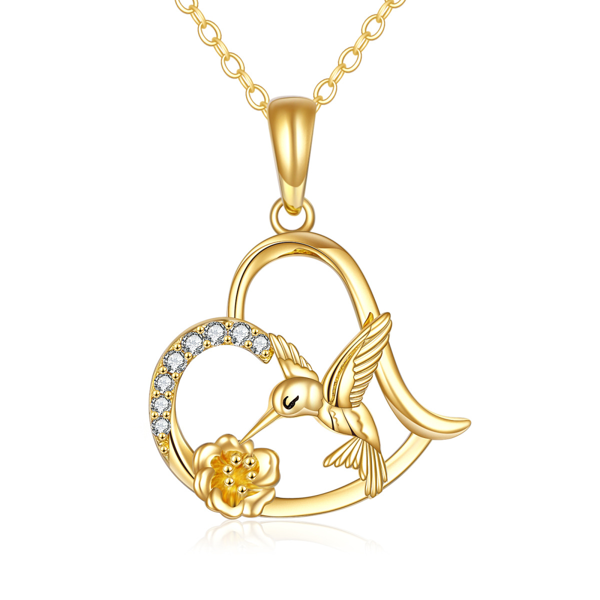 14K Gold Cubic Zirconia Hummingbird Flower & Heart Pendant Necklace-1