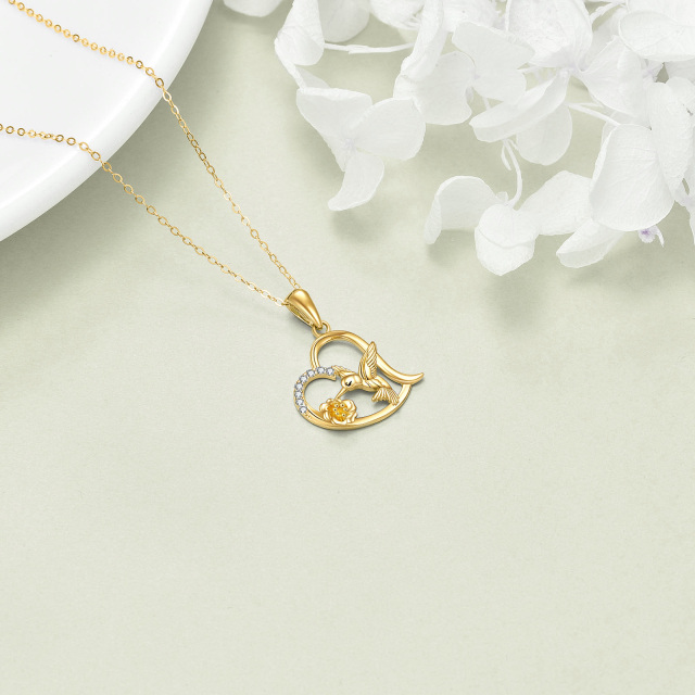 14K Gold Cubic Zirconia Hummingbird Flower & Heart Pendant Necklace-3