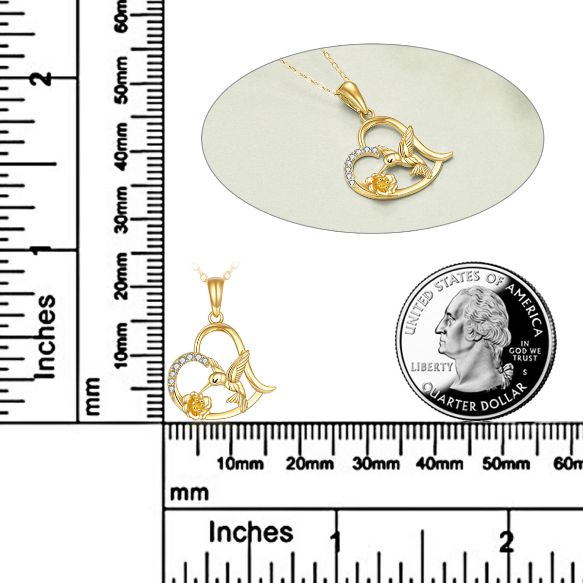 14K Gold Cubic Zirconia Hummingbird Flower & Heart Pendant Necklace-6