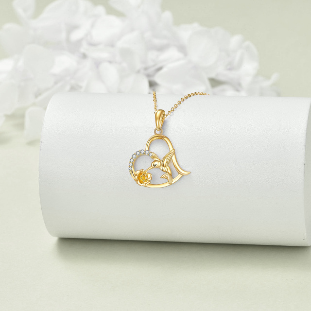 14K Gold Cubic Zirconia Hummingbird Flower & Heart Pendant Necklace-2