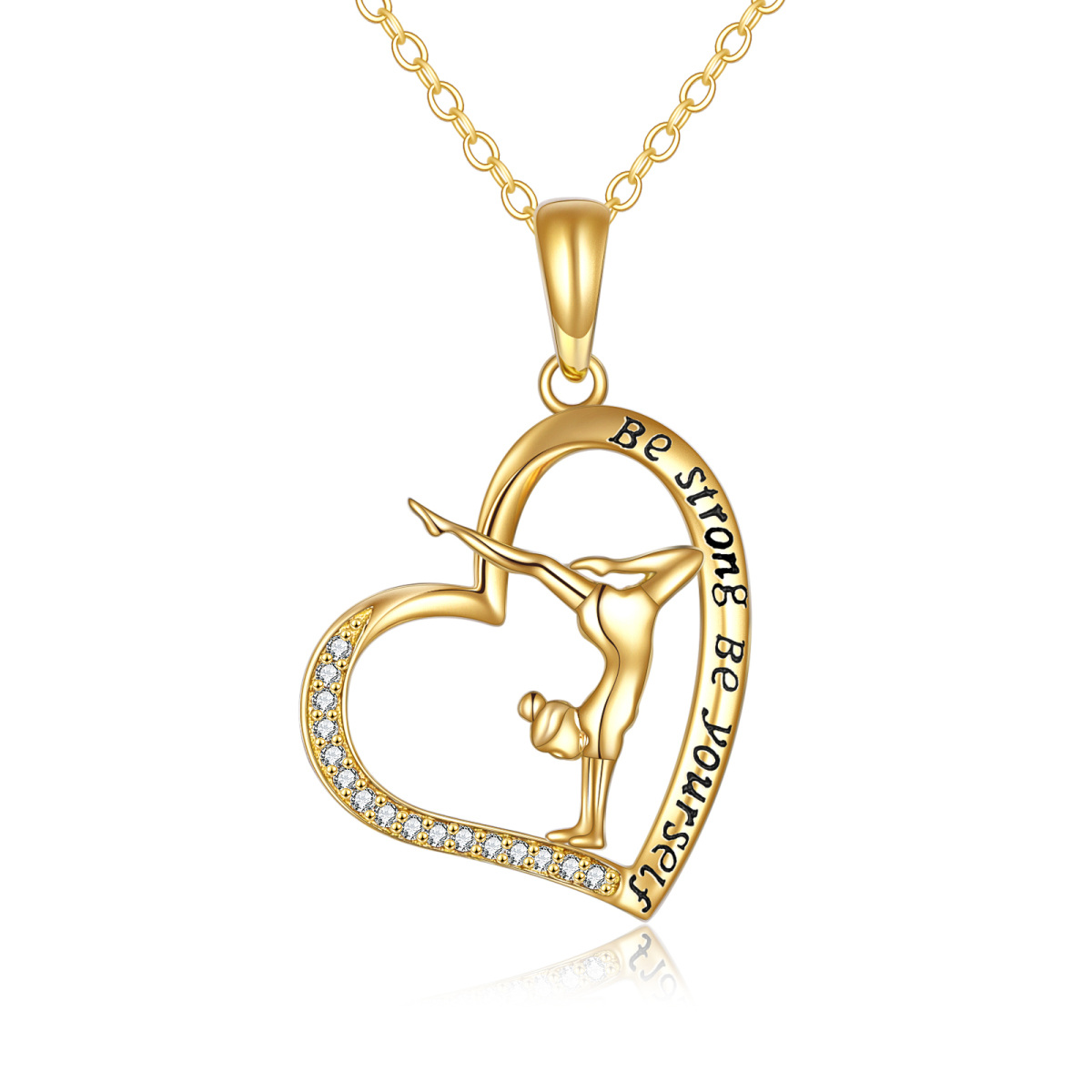 14K Gold Cubic Zirconia Gymnast & Heart Pendant Necklace with Engraved Word-1