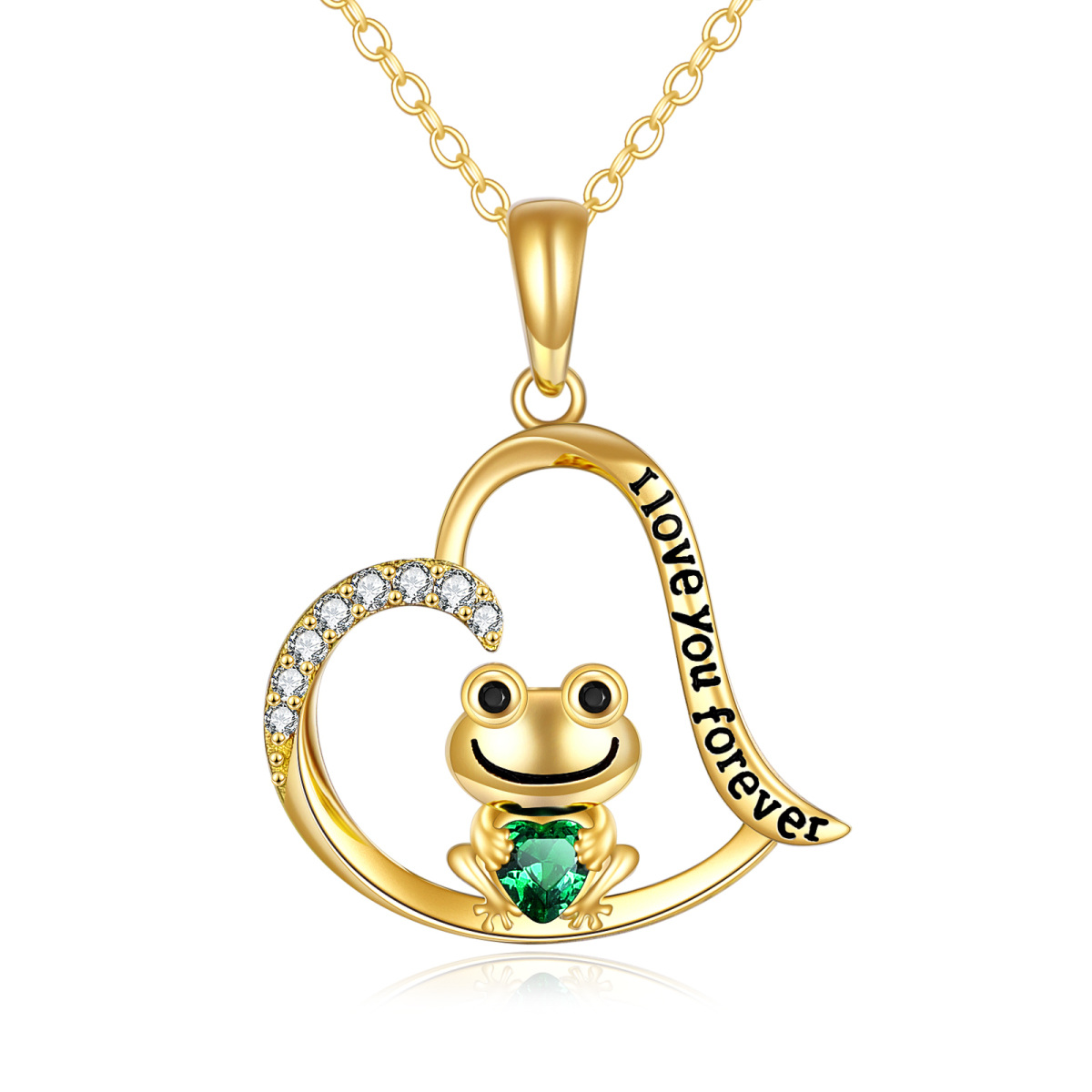 14K Gold Cubic Zirkonia Frosch & Herz Anhänger Halskette-1