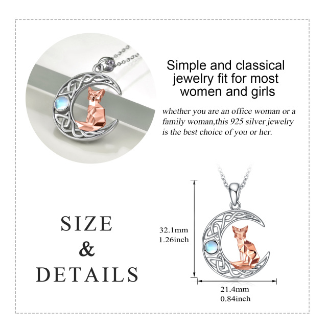 Sterling Silver Two-tone Circular Shaped Moonstone Fox & Celtic Knot & Moon Pendant Necklace-4