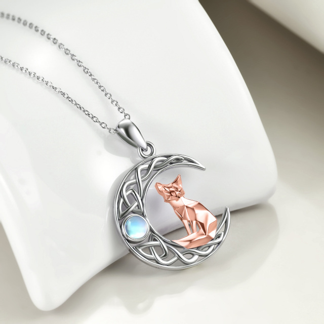 Sterling Silver Two-tone Circular Shaped Moonstone Fox & Celtic Knot & Moon Pendant Necklace-3