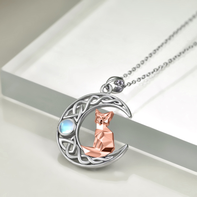 Sterling Silver Two-tone Circular Shaped Moonstone Fox & Celtic Knot & Moon Pendant Necklace-2