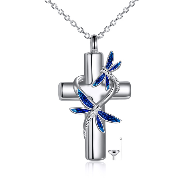 Sterling Silver Dragonfly & Cross Urn Necklace for Ashes-0