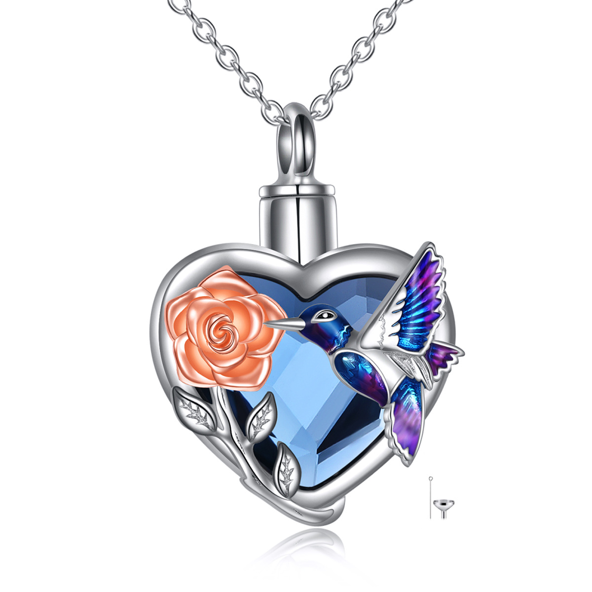 Sterling Silver Two-tone Heart Shaped Crystal Hummingbird & Rose & Heart Urn Necklace for Ashes with Engraved Word-1