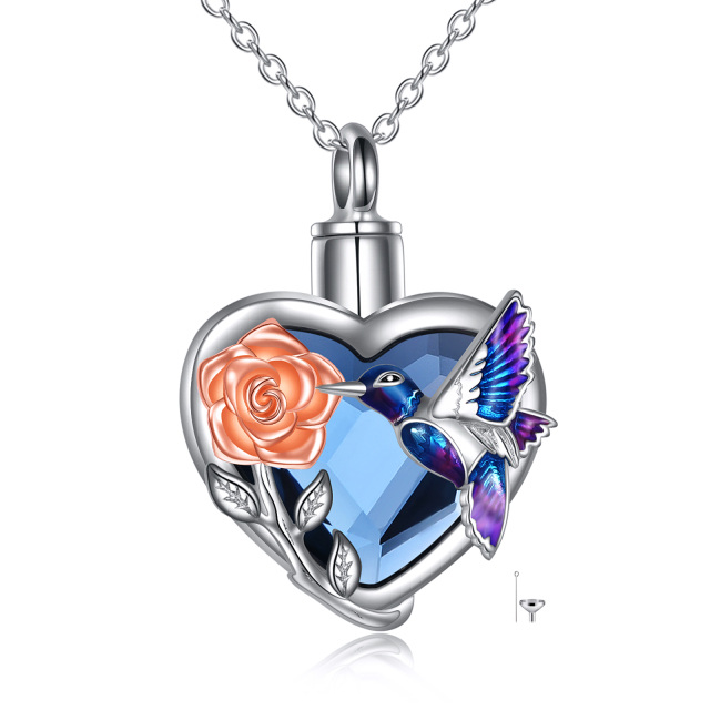 Sterling Silver Two-tone Heart Shaped Crystal Hummingbird & Rose & Heart Urn Necklace for Ashes with Engraved Word-0