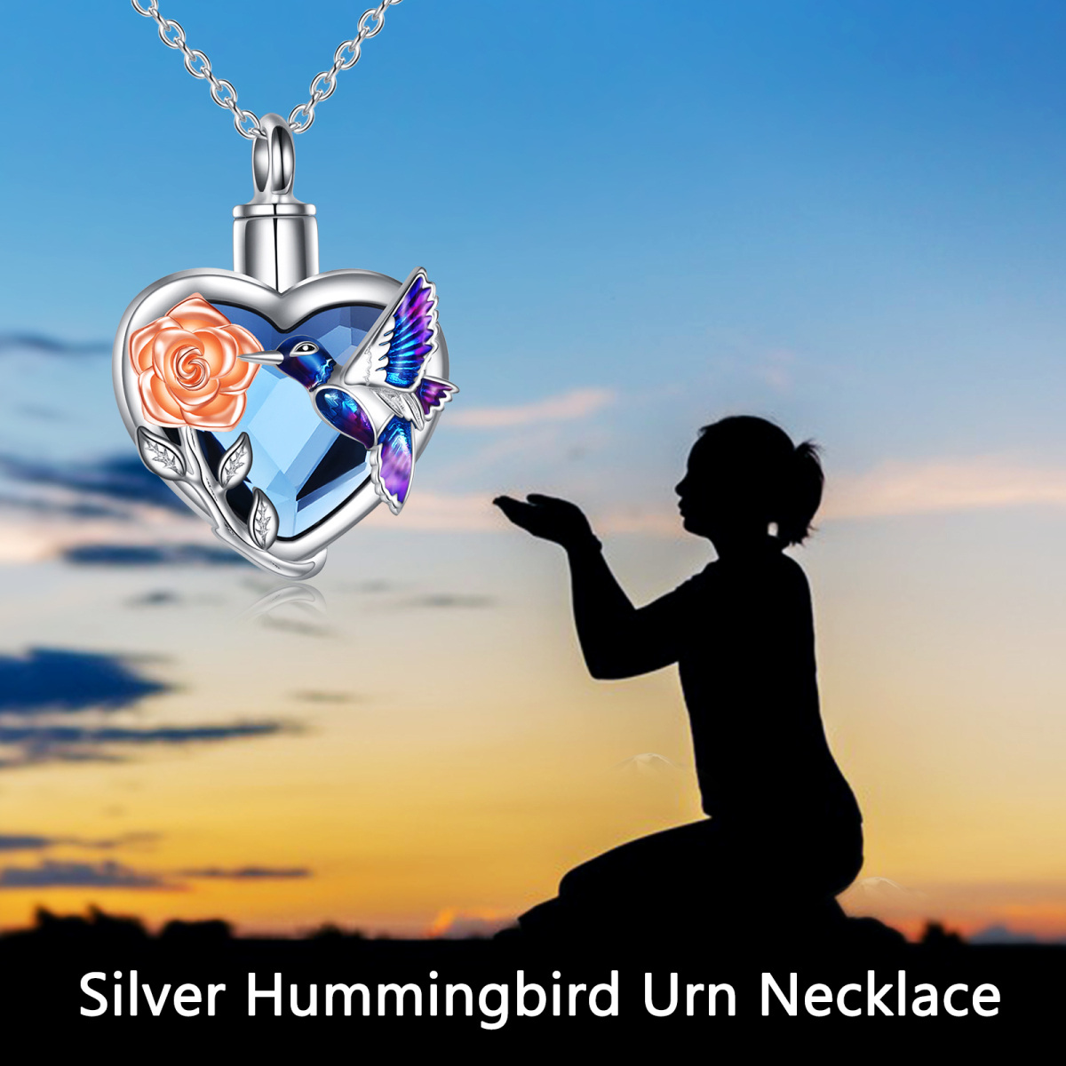 Sterling Silver Two-tone Heart Shaped Crystal Hummingbird & Rose & Heart Urn Necklace for Ashes with Engraved Word-6