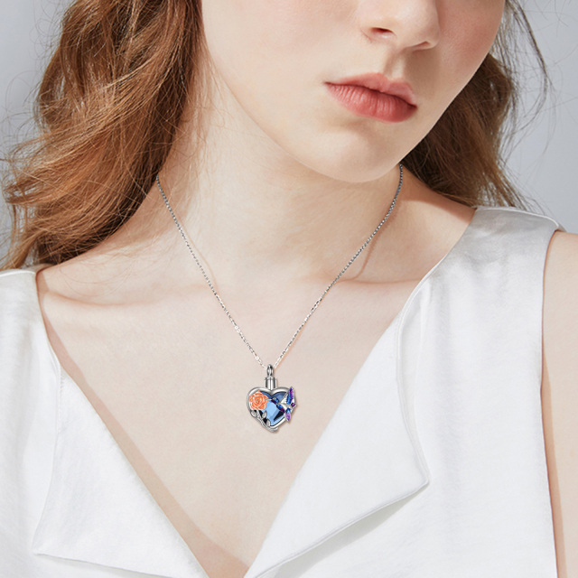 Sterling Silver Two-tone Heart Shaped Crystal Hummingbird & Rose & Heart Urn Necklace for Ashes with Engraved Word-1