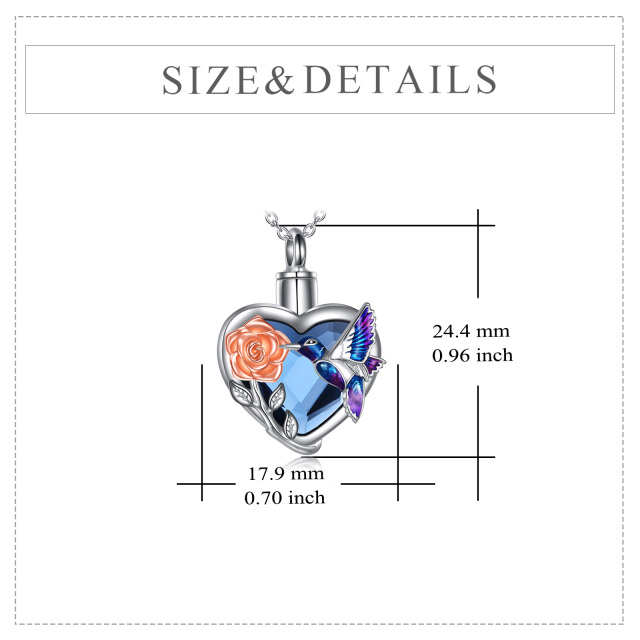 Sterling Silver Two-tone Heart Shaped Crystal Hummingbird & Rose & Heart Urn Necklace for Ashes with Engraved Word-4