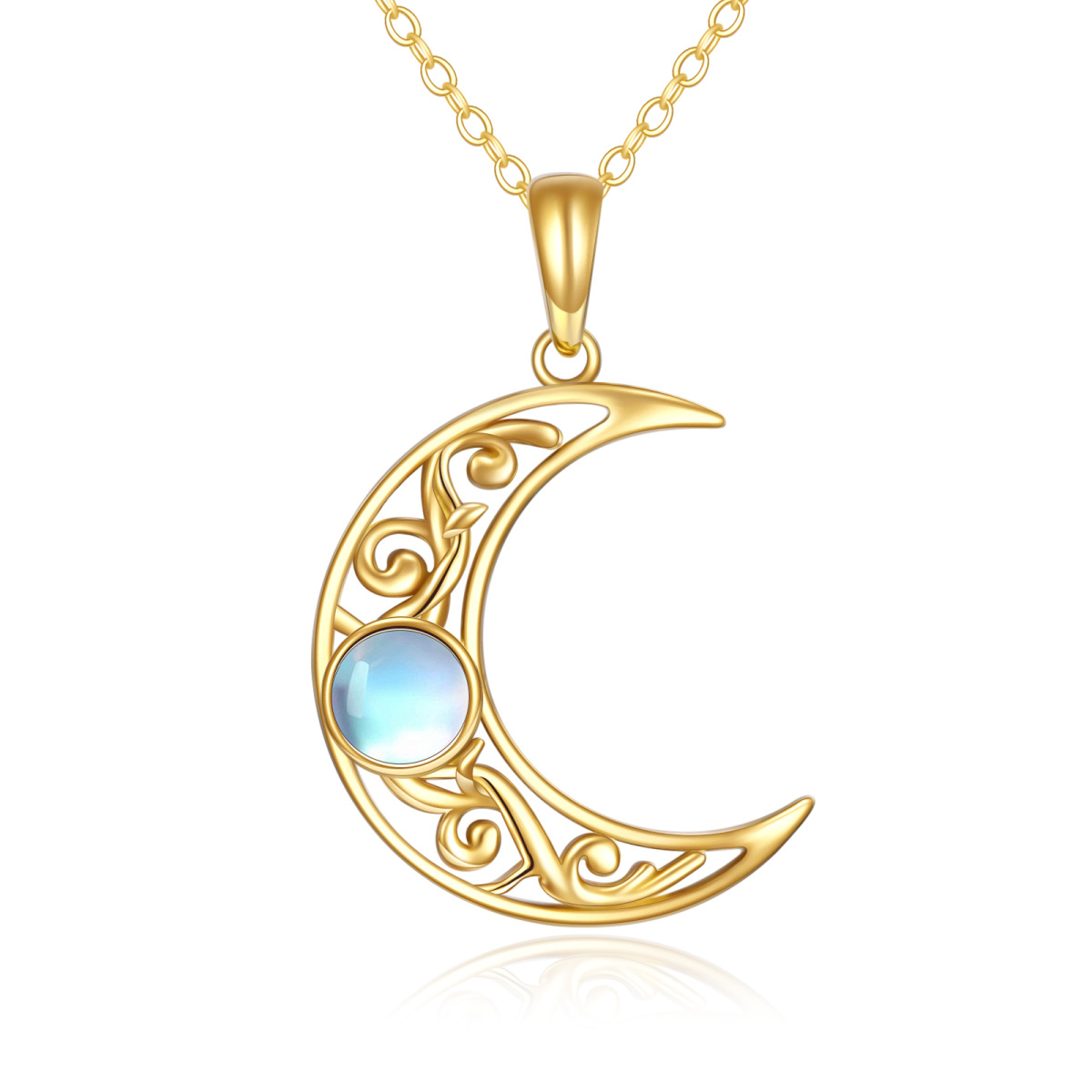 14K Gold Round Moonstone Moon Pendant Necklace-1