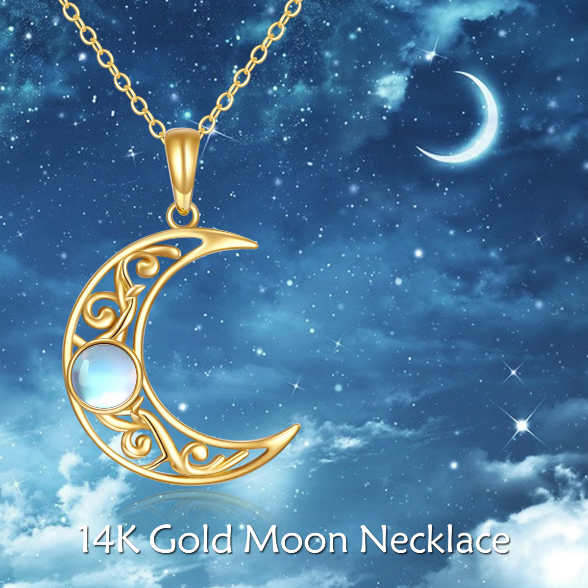 14K Gold Round Moonstone Moon Pendant Necklace-6