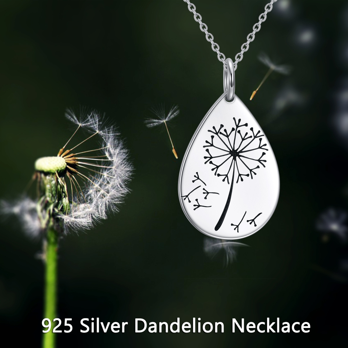 Sterling Silver Dandelion & Drop Shape Pendant Necklace-6