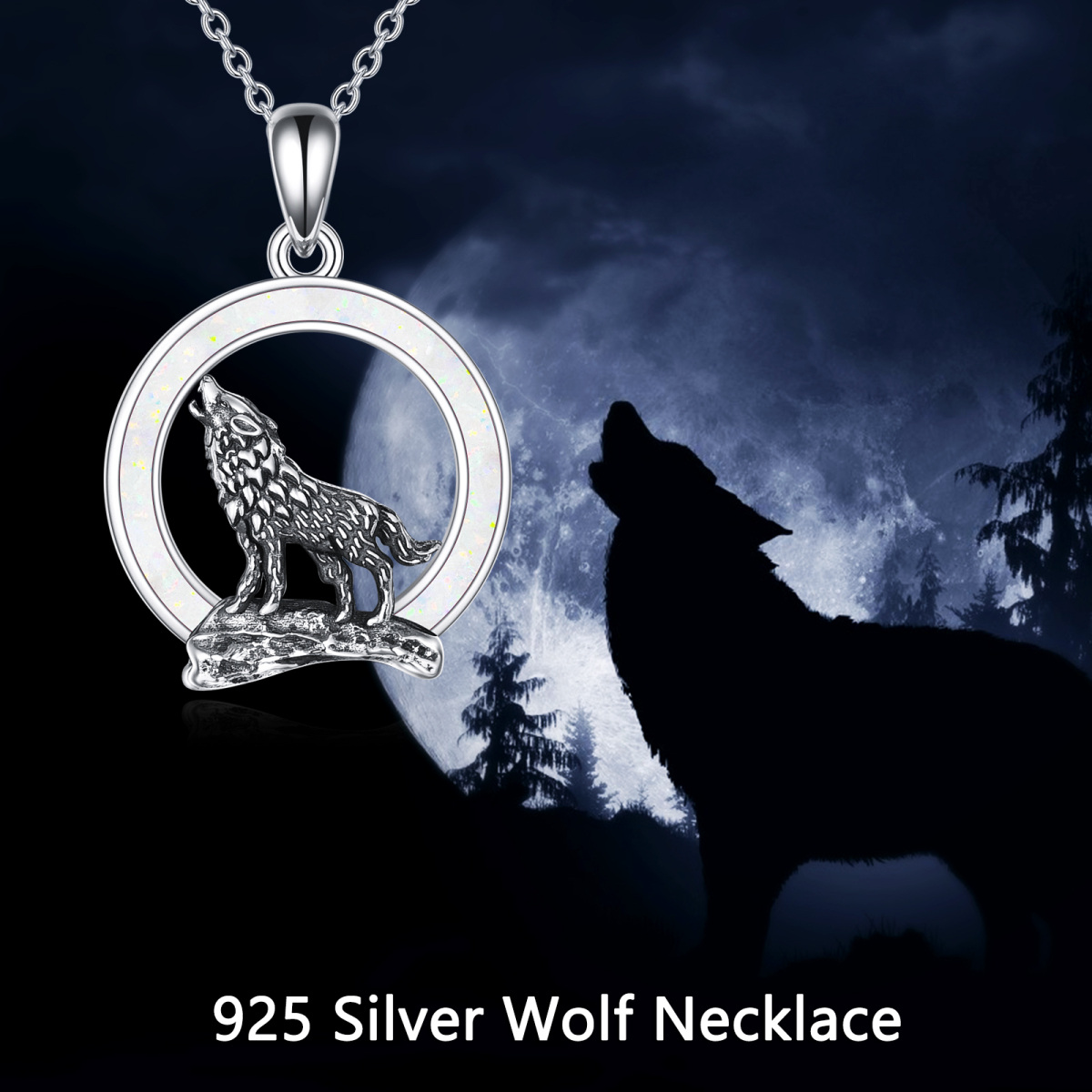 Sterling Silver Opal Wolf Pendant Necklace-6