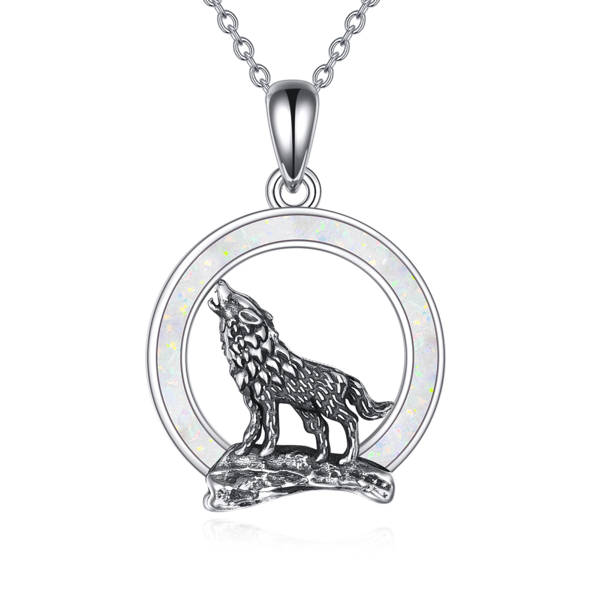 Sterling Silber Opal Wolf Anhänger Halskette-1