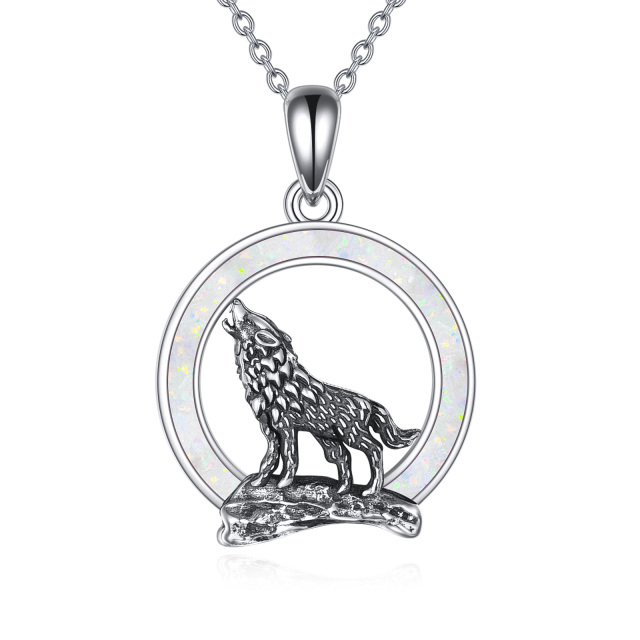 Sterling Silver Opal Wolf Pendant Necklace-0